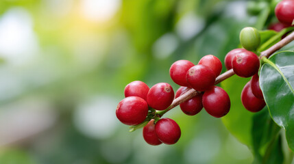 Vibrant close up of coffee plant branch with fresh, ripe red coffee cherry. An agricultural view of bean on farm with green leaf background and natural sunlight