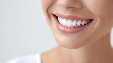 Happy woman with perfect smile and white teeth. dental health and beauty concept showing close up of mouth with clean, healthy teeth against white background