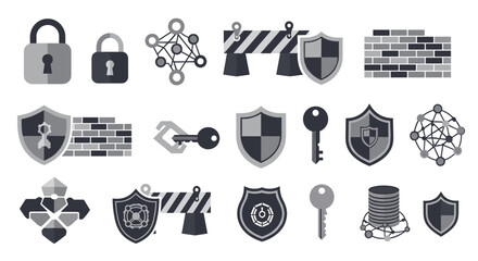 Collection of security icons featuring locks shields keys and network symbols in a flat design style