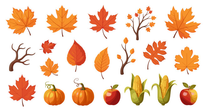 Collection of autumn elements including maple leaves pumpkins corn and apples in warm fall colors