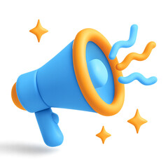 3d blue megaphone with orange accents and stars isolated on transparent background