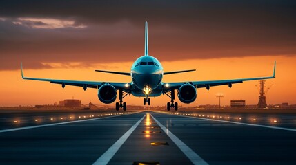 A photo of a plane taking off at dusk
