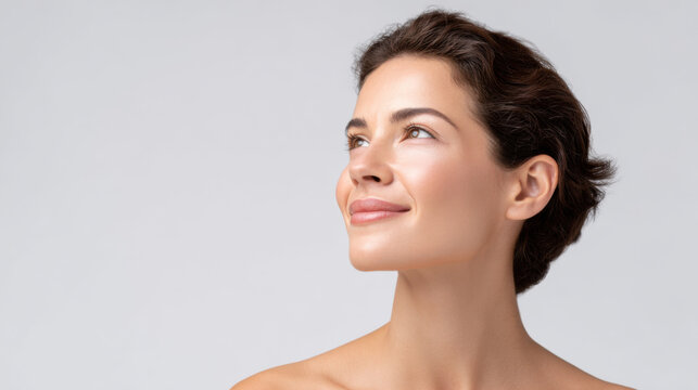 Serene portrait of beautiful happy woman with radiant healthy skin. closeup beauty face showing contentment, perfect for natural skincare and wellness concept