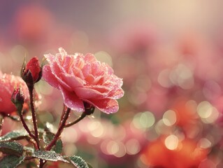 Obraz premium Delicate pink roses adorned with morning dew.