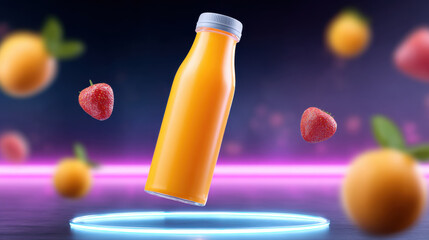 Vibrant orange juice bottle levitating over neon pedestal. Fresh fruit like strawberry and orange float around, with futuristic glow against dark background