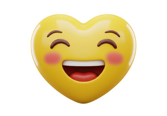 Happy yellow heart shaped emoji with smiling face and blushing cheeks isolated on transparent background