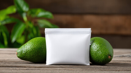 Fresh white blank pouch mockup stands with two green avocado on rustic wood. Natural healthy food packaging template for product, cosmetic or juice. clean, organic background