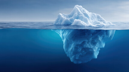 Majestic iceberg floating in cold blue ocean water. massive ice formation seen underwater, serene and powerful representation of nature hidden depth and beauty
