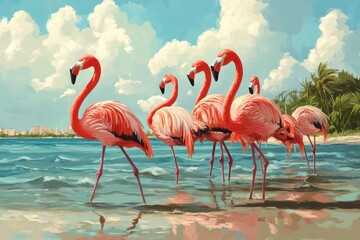 Obraz premium A vibrant flock of pink flamingos wades in the shallow water along a tropical beach
