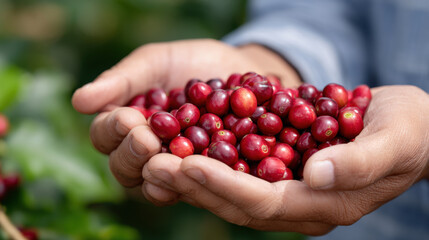 Farmer hand holding fresh harvest of red coffee cherry. gentle close up on agriculture shows juicy, ripe bean carefully picked from plant, representing care