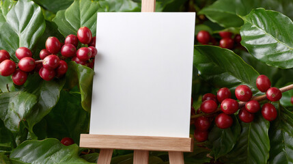 Blank white canvas on wood easel among fresh green coffee leaf and juicy red coffee cherry. Vibrant natural background provides perfect mockup space for text or design