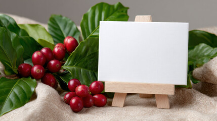 Natural coffee plant with fresh green leaf and juicy red cherry. blank card mockup on small wood easel for message. calm, organic and rustic concept background
