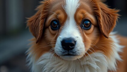 Fototapeta premium Adorable puppy dog pet animal canine cute portrait brown white eyes looking sweet face
