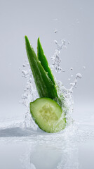 Fresh green cucumber slice and natural aloe vera with water gel splash. refreshing beauty and skincare concept on clean white background, promoting hydration