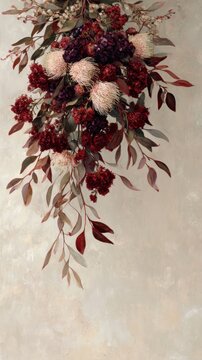A bouquet of dried flowers in shades of burgundy and blush.
