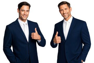 Two happy businessmen in suits smiling together and give thumbs up, showcasing success and approval