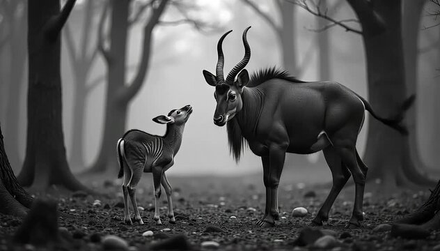 Okapi crying near its young calf