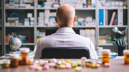 A focused pharmacist, seen from behind, surrounded by medications, represents the heart of healthcare and medication management, emphasizing the critical role of a healthcare professional. 