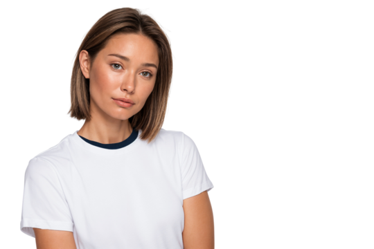 Sad young woman with short brown hair and a serious expression, wearing a white t-shirt, looking directly at the camera