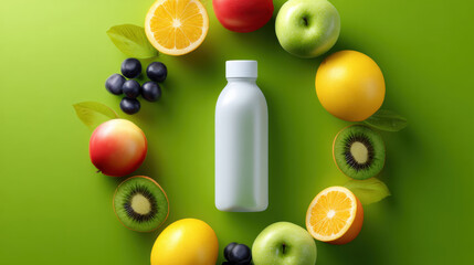 White beverage bottle for healthy diet and nutrition concept. Fresh fruit like orange and apple form circle on vibrant green background, feeling clean and natural
