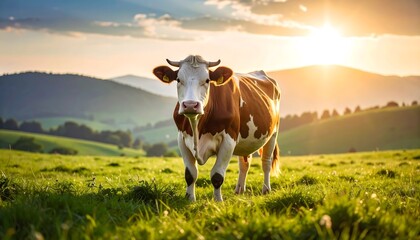 Cow in a grassy field at sunset