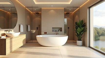 Luxurious bathroom with bathtub, dual sinks, and large window