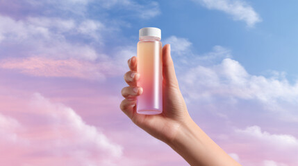 Serene hand holding clear bottle of pink and blue pastel juice. liquid drink reflects dreamy cloud and sky background, beautiful refreshing concept