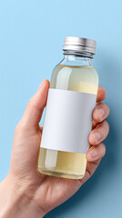 Hand holding clear bottle of juice with blank label for product mockup. minimal presentation showing fresh packaging on simple blue background for branding