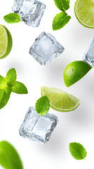 Refreshing ice cube with fresh mint leaf and zesty lime citrus floating in mid air. cool and vibrant composition of cocktail ingredient perfect for summer drink