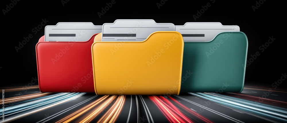 Poster colorful file folder icons with documents inside, symbolizing organized digital data and fast inform