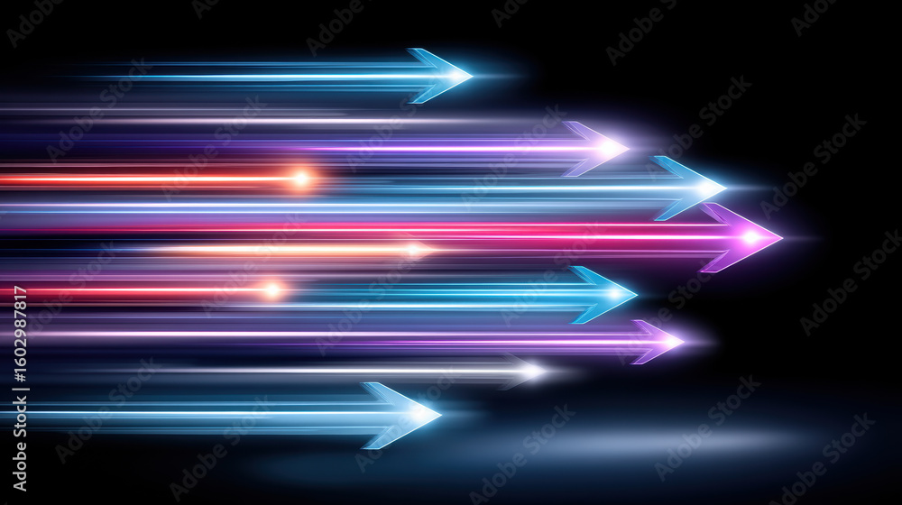 Aufkleber colorful glowing arrows moving fast on black background, symbolizing speed and progress with vibrant