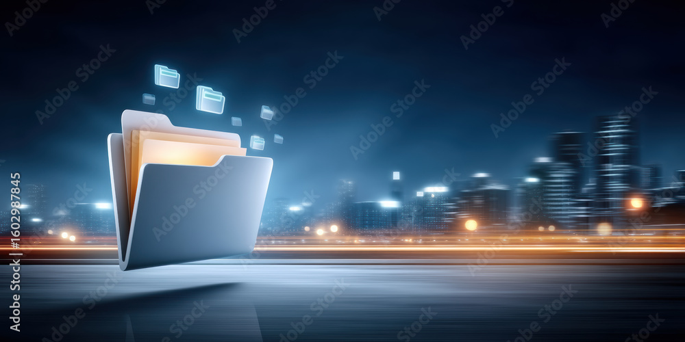 Poster digital folder with glowing file icons floating above, representing data transfer and cloud storage 