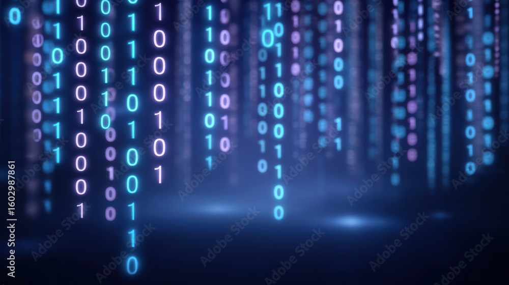 Poster digital binary code glowing in blue and purple colors, representing data flow and futuristic technol