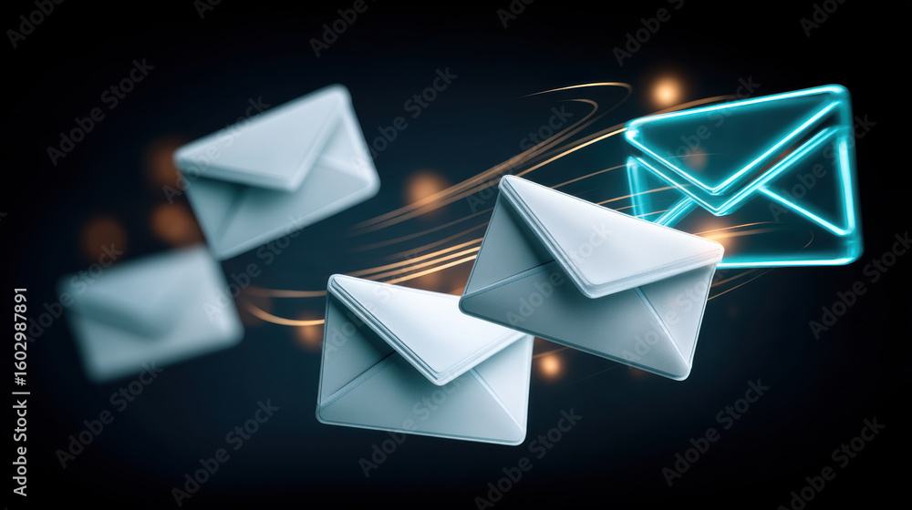 Poster digital communication concept with flying envelopes and glowing email icon, symbolizing fast message