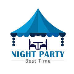 Elegant Night Party Logo Design Template &ndash; Outdoor Event, Tent, Table & Chairs Illustration, High-quality vector logo template featuring a stylish tent with a table and chairs under it