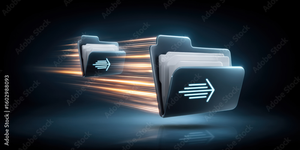 Poster digital file transfer concept with glowing folder icons and motion blur effect showing fast data sha