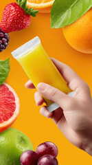 Man hand holding yellow juice pouch with vibrant fresh fruit on an orange background. Healthy and refreshing beverage for natural and energetic lifestyle