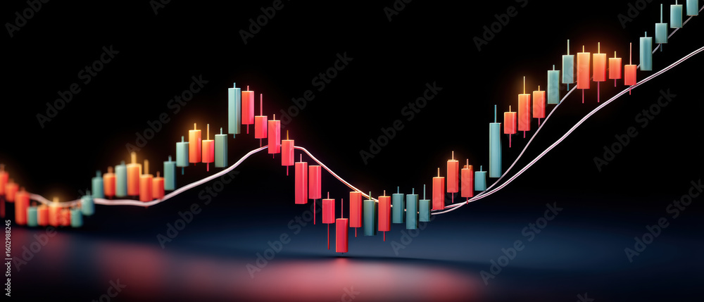 Poster stock market chart with colorful candlestick bars and moving average line showing financial data tre