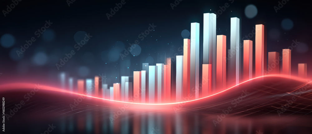 Aufkleber digital bar chart with glowing red wave, futuristic data visualization, abstract financial graph, mo