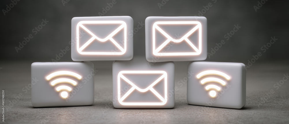 Poster email and wifi icons glowing on white blocks stacked on gray surface, symbolizing communication and 