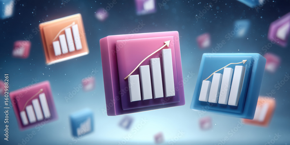 Poster growing business chart icons with upward arrow in colorful 3d blocks floating in space, symbolizing 