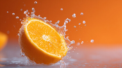 Vibrant fresh orange citrus fruit creating healthy juice splash. Juicy liquid drop bursting with energetic motion, close up detail full of refreshment and natural energy