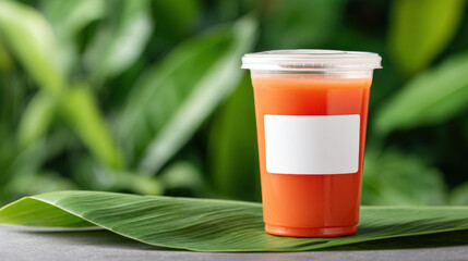 Fresh orange papaya juice beverage in clear cup with blank label. healthy and tropical refreshment sitting on large green leaf for natural, healthy feeling