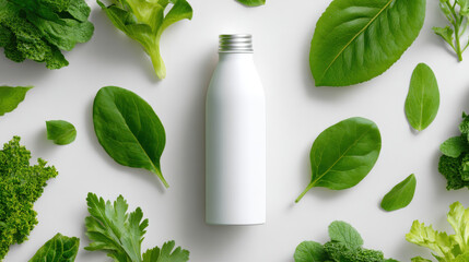 Overhead flat lay bottle mockup for healthy lifestyle diet drink. Fresh green leaf vegetable surrounding bottle, concept of vibrant nutrition and clean eating for wellness