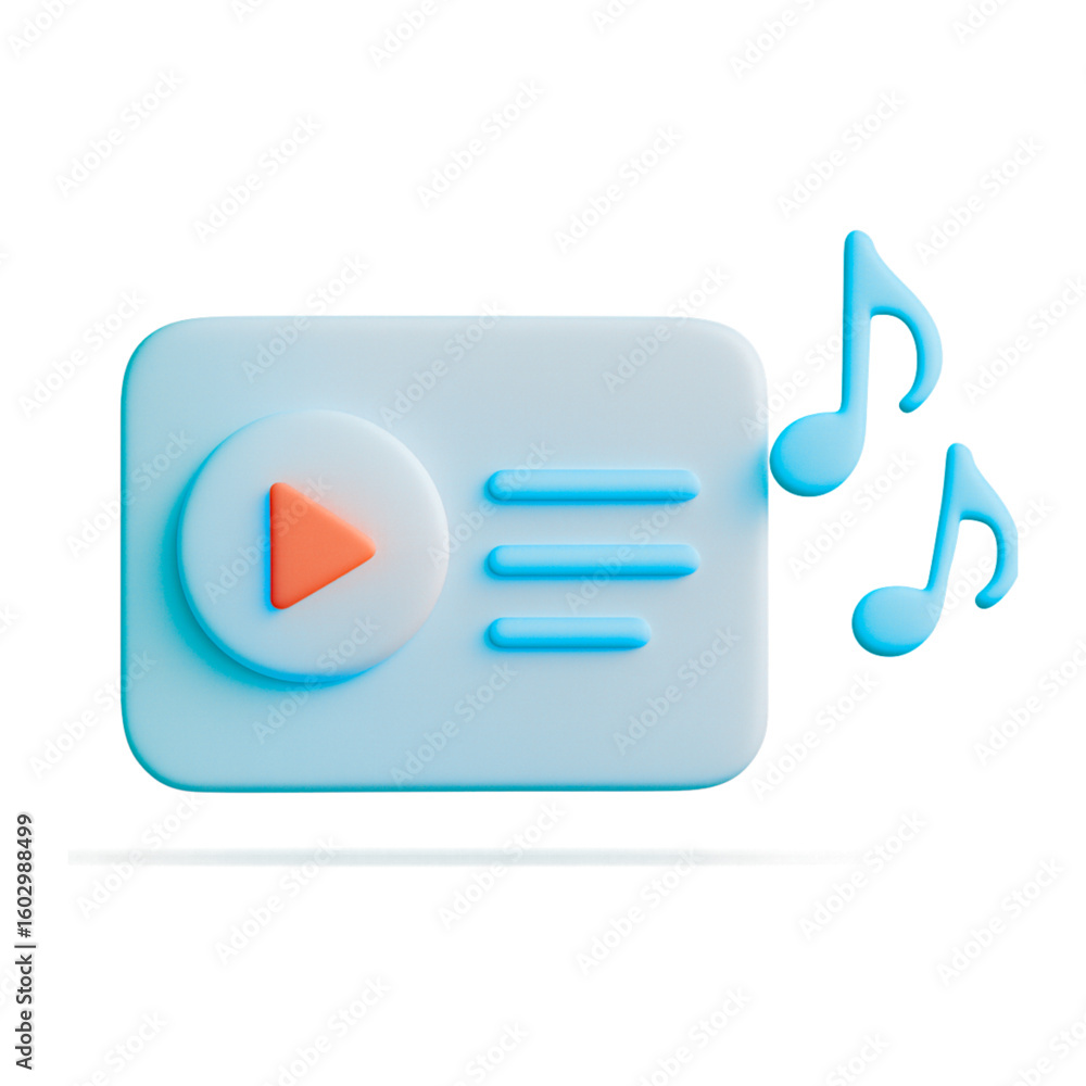 Poster 3d play button with music notes and interface isolated on transparent background