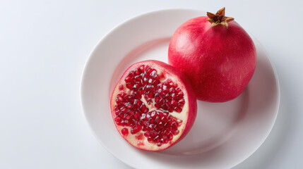 Fresh red pomegranate, one whole fruit and one cut in half, showing juicy seeds on clean white plate. An appetizing and healthy food with simple, clean background