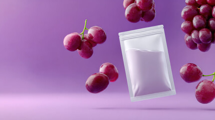 Refreshing grape juice product in white pouch mockup floats with fresh fruit against vibrant purple background. This commercial packaging concept showcases healthy beverage
