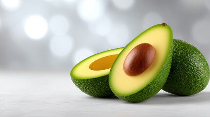 Fresh ripe green avocado cut in half on light background. healthy fruit with seed visible, raw food makes delicious ingredient for healthy diet and lifestyle