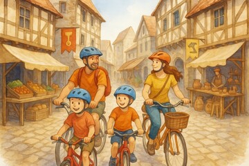 Fototapeta premium Cheerful family riding bicycles in a medieval-style village, watercolor style, cobblestone street and market background, concept of joyful travel