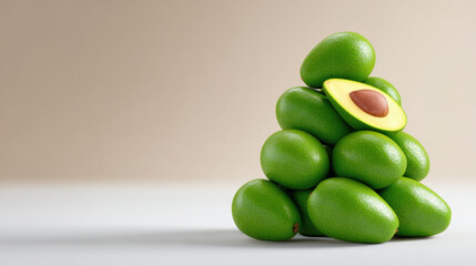 Fresh green avocado fruit stack in pyramid shape. One half avocado sits on top of pile. clean background highlights healthy, natural, and simple food concept